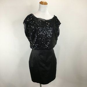 BCBGENERATION Black Sequin Embellished Loose Top Fitted Satin Bottom Dress